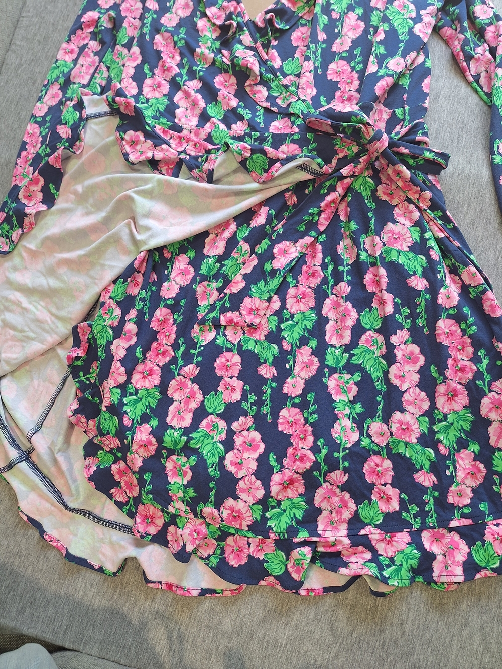 Lilly Pulitzer Navy Floral Wrap Dress Build In Shorts with Pink & Green Accents - Picture 4 of 15